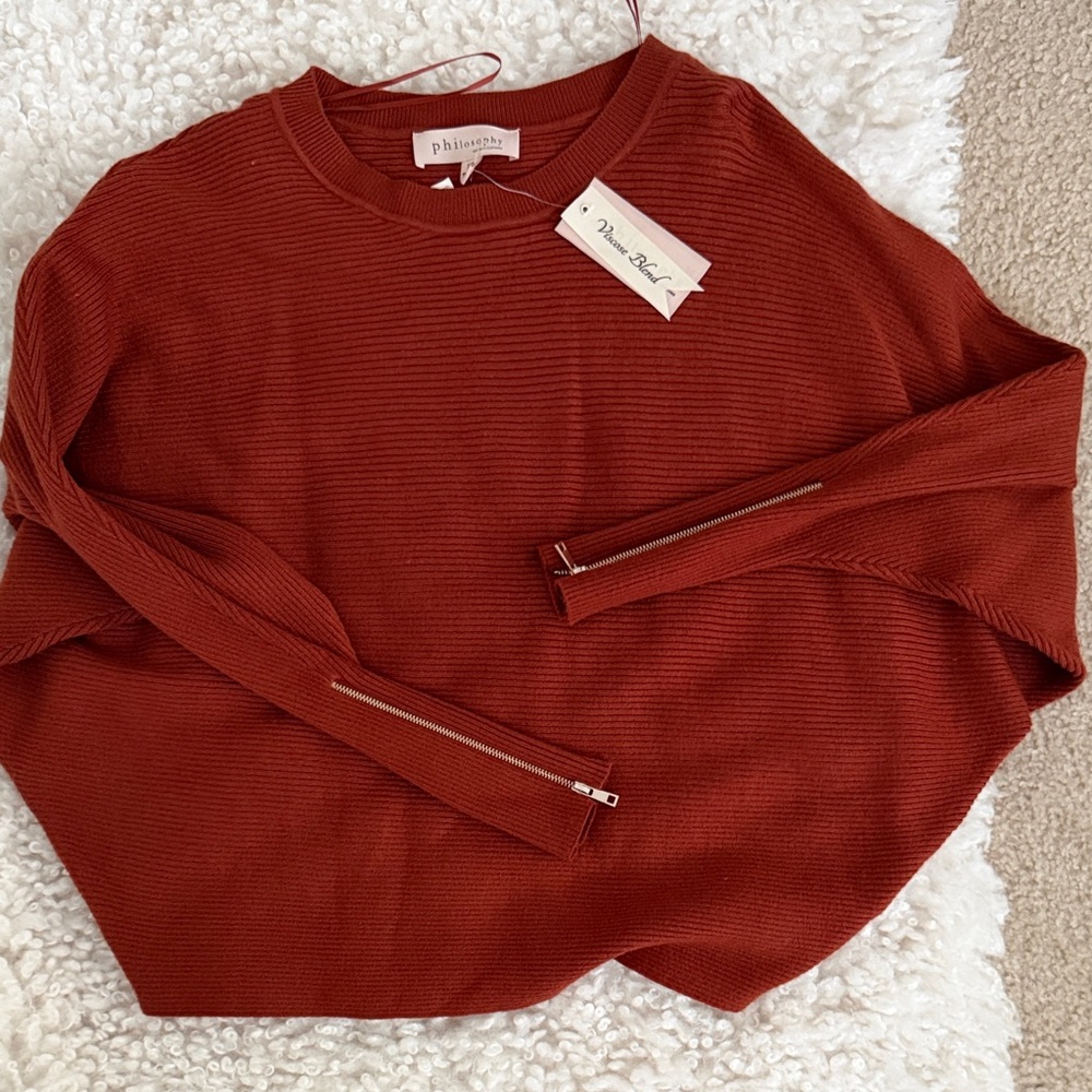 Philosophy Ribbed Crewneck Sweater in Rust Red with Sleeve Zips